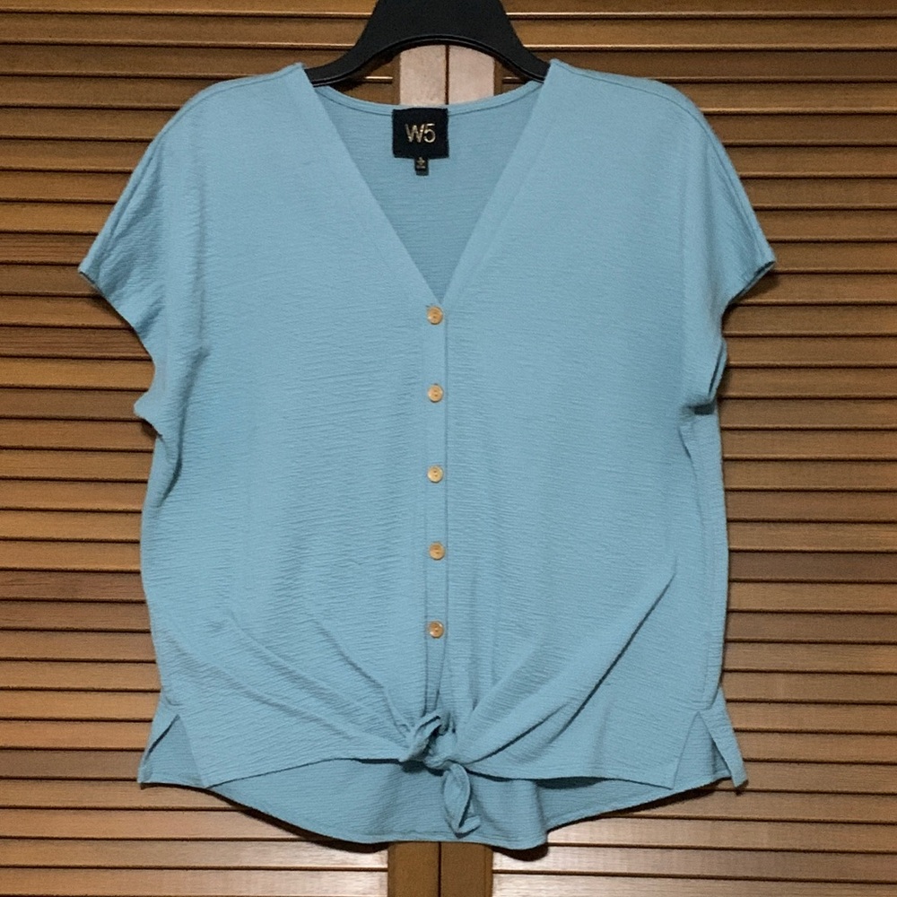 W5 Blue Button Down Short Sleeve Tie Bottom Top Large L